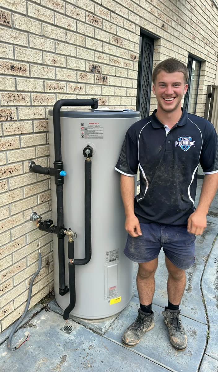 Tip Top Plumbing plumber beside a hot water system