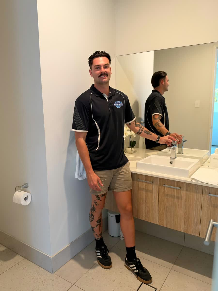 Tip Top Plumbing plumber at a bathroom vanity
